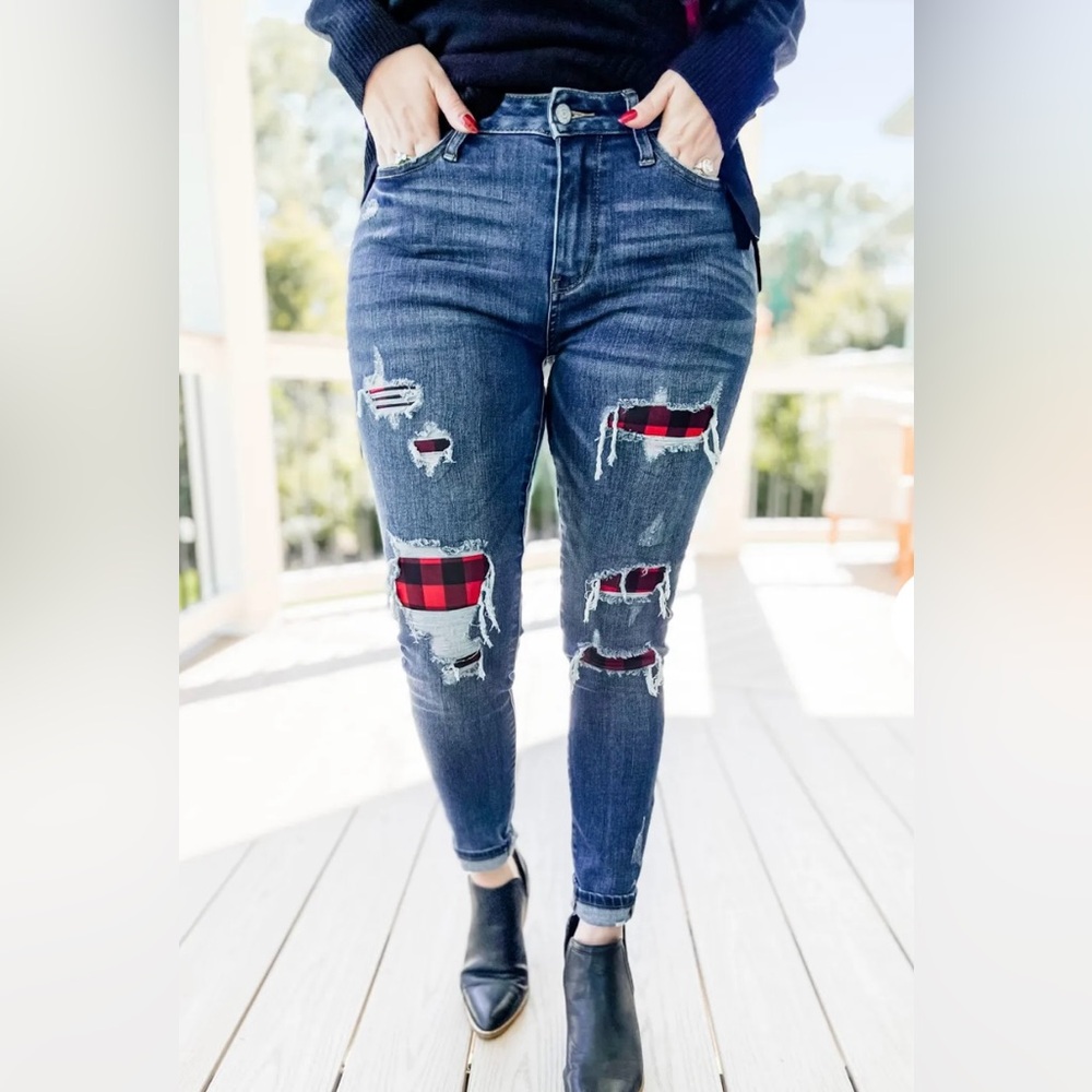 Judy Blue Dark Wash Skinny Jeans with Red Plaid Patchwork